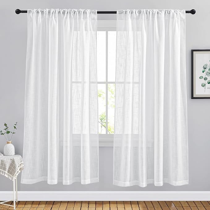 NICETOWN Semi Sheer Window Curtain Panels for Nursery, Rod Pocket & Back Tab Privacy with Light Filter Linen Sheer Window Treatments for Bedroom/Living Room, White, W66 x L72, 2 Pieces