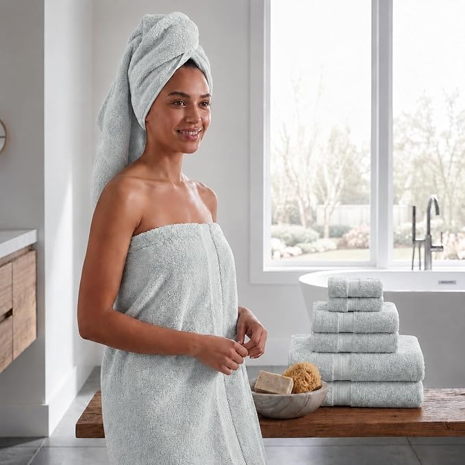 Maisonette Elegance 100% Organic Cotton Turkish Bathroom Towels Set, Ideal Quick Dry Luxury Washcloths, Hand & Large Luxury Bath Towels for Shower (6 Pack), Light Gray (Shore)