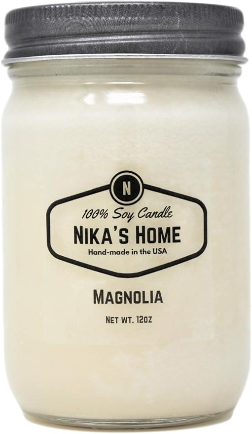 Nika's Home Magnolia Soy Candle - 12oz Mason Jar - Non-Toxic - Hand Poured in The USA, Long Burning 50-60 Hours Highly Scented All Natural, Clean Burning