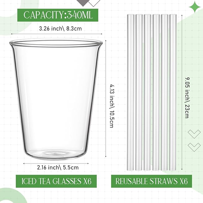 Set of 6 11.8 oz Clear Drinking Glass with Straws 340 ml Iced Tea Beer Cups Heat Resistant Kitchen Glassware for Juice, Beverage, Cocktail, Coffee, Soda