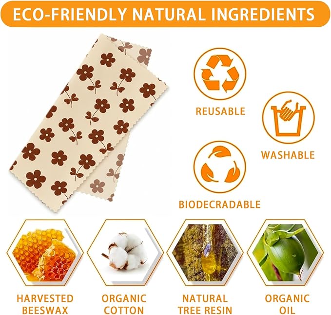Reusable Beeswax Wraps, 9 Pack Eco-Friendly Food Storage, Organic Cotton Sandwich, Snack, Bowl Covers, Zero Waste, Plastic-Free, Sustainable, 1XL, 3M, 5S (Leaves, Flowers, Bees)