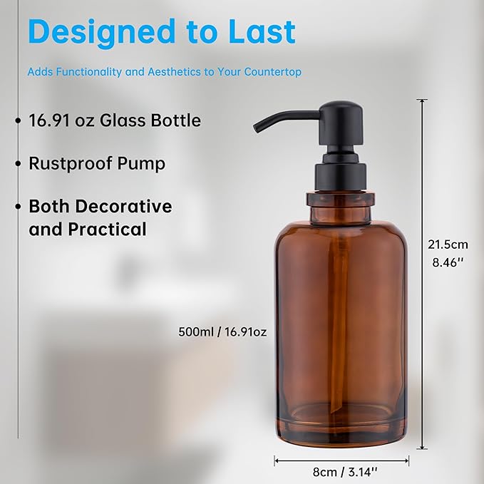Amber Glass Soap Dispenser, 17oz 500ml Refillable Liquid Hand Soap Dispenser, 304 Stainless Steel Pump Leakproof Lotion Container for Bathroom Kitchen Sink Vanity Countertop