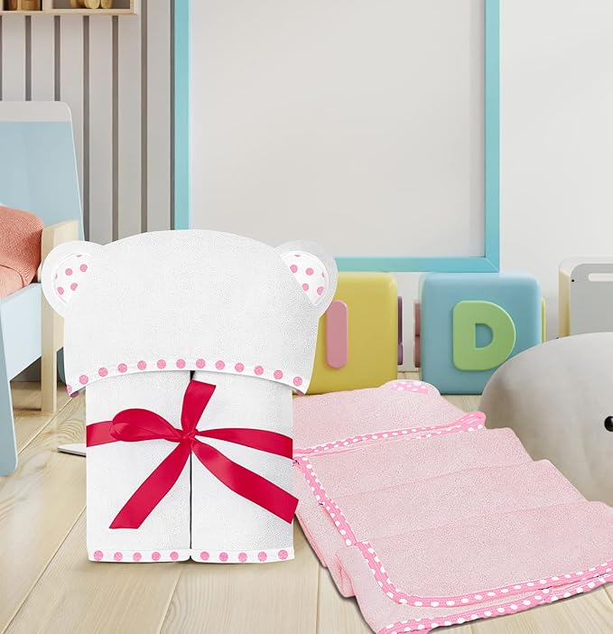 Set of 2 Hooded Baby Towels – White and Pink – Luxurious, Large and Super Absorbent – 30 x 30 Inch – Soft and Suitable for Infants, Toddlers and Kids – 400 GSM
