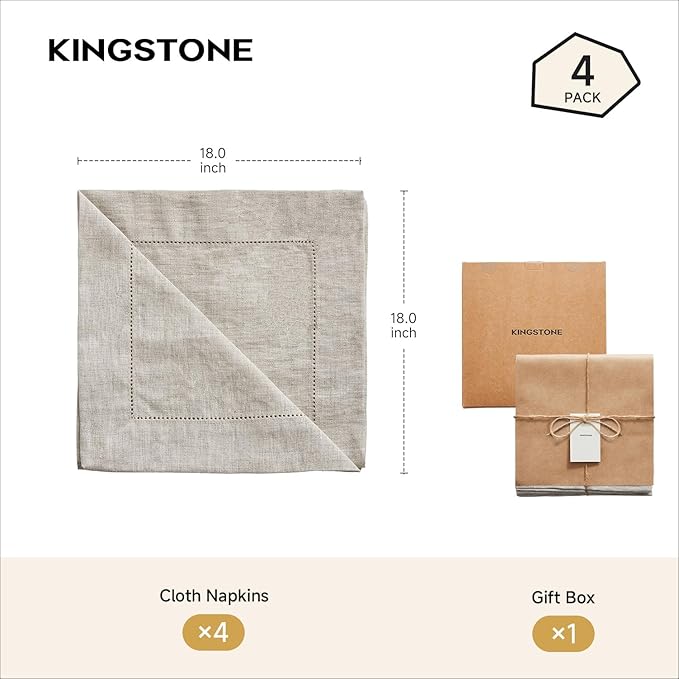 KINGSTONE Linen Natural Cloth Napkins Set of 4 French Linen 210GSM Hemstitch, 18 x 18 Inch for Dining, Party, Wedding, Spring, Easter, Mothers Day
