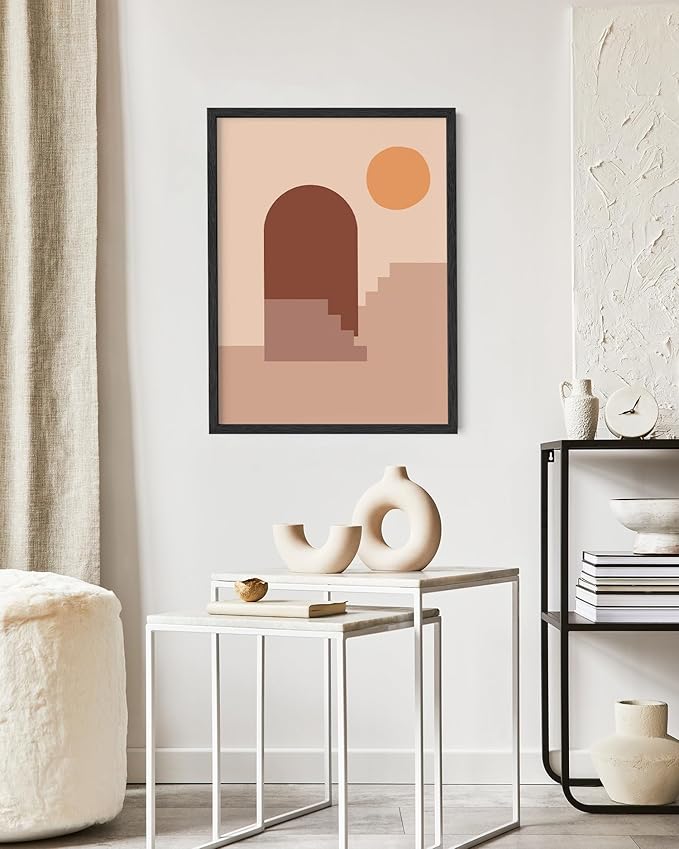 Abstract Architecture Wall Art Archway Stairs Sun Geometric Shapes Earth Tones Terracotta Mid Century Modern 16x20 Inch Oak Wood Black Framed Minimalist Boho Office Decor