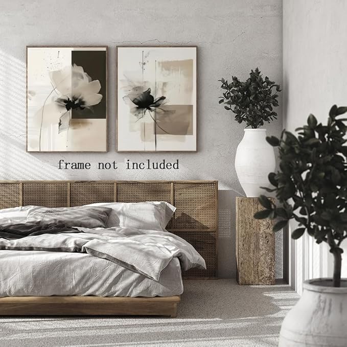 HUYKON Minimalist Abstract Floral Wall Art Prints Set of 2 Neutral Beige Black Flower Canvas Painting Poster Trendy Botanical Picture for Gallery Modern Japandi Boho Home Decor 16x24inch Unframed