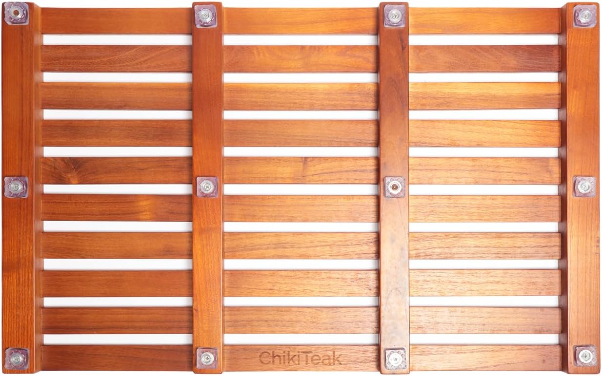 Teak Shower Mat – ChikiTeak Solid Wood Bath Mat for Outdoor Shower & Bathroom, Fast Draining, Non Slip, Premium Spa Mat, Durable Teak Bath Mat 25" x 16"