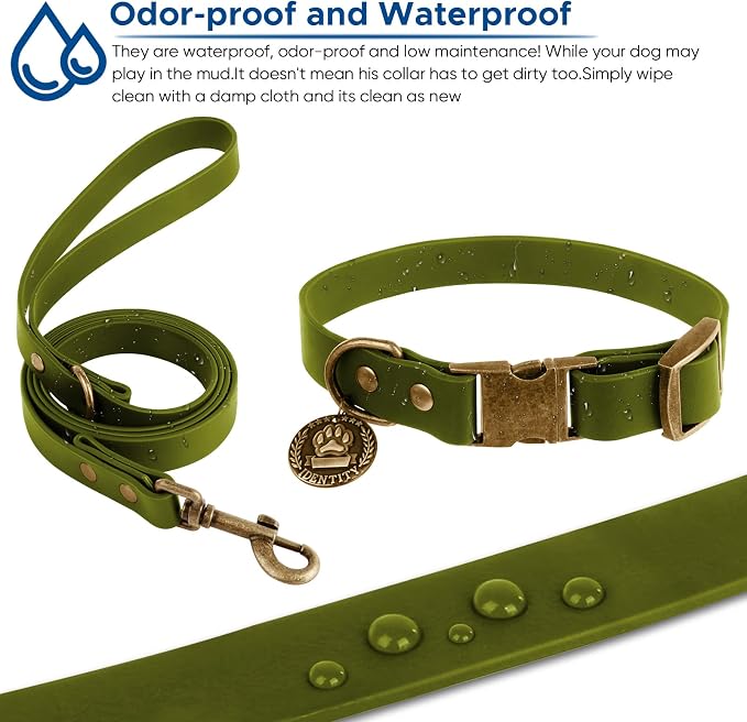 Wisedog Waterproof Dog Collar and Leash Set, Large, Green | Adjustable Puppy Collar, Cute Tag, 5FT Leash, Includes Poop Bag, For Small Medium Large Dogs