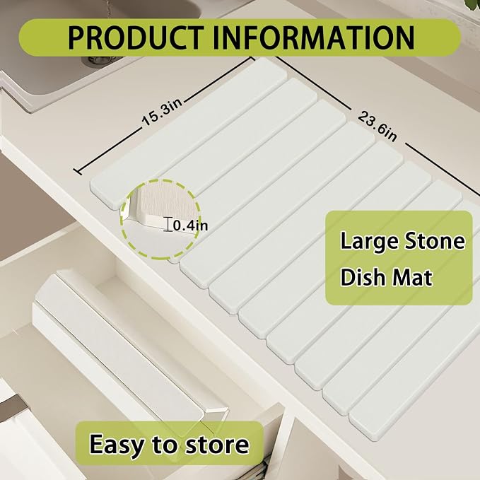 Stone Drying Mat for Kitchen Counter,23.6(L)x15.3(W) Collapsible Quick Drying Dish Mats for Kitchen Counter & Bathroom,Ultra Absorbent Diatomaceous Earth Dish Drying Mat for Dishes Cookware Cups