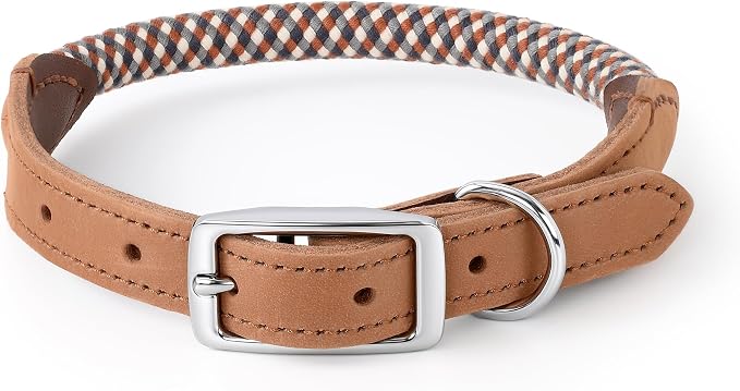 Mile High Life Genuine Leather Dog Collar, Durable Braided Cotton Rope Collar with Metal Pin Buckle for Small Medium Large Dogs (Brown Plaid, M Neck 15"-18")
