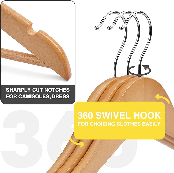 Wooden Hangers 90 Pack,Wooden Clothes Hanger for Daily Used,Heavy Duty Wood Hangers with Pant Bar & Precisely Cut Notches,Premium Hanger for Heavy Coats,Shirts,Suits,Dresses (Natural)