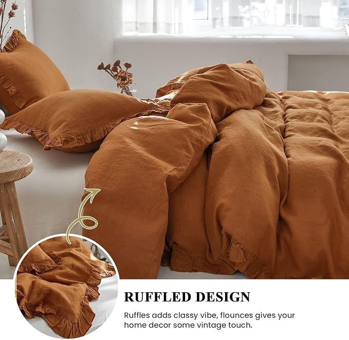 Simple&Opulence 100% Linen Duvet Cover Set, 3 PCS Natural French Flax Rust Ruffle Duvet Cover Queen Size, Breathable Comfy Linen Bedding Comforter Cover with 2 Pillowcases (Rust, 88" X 92")