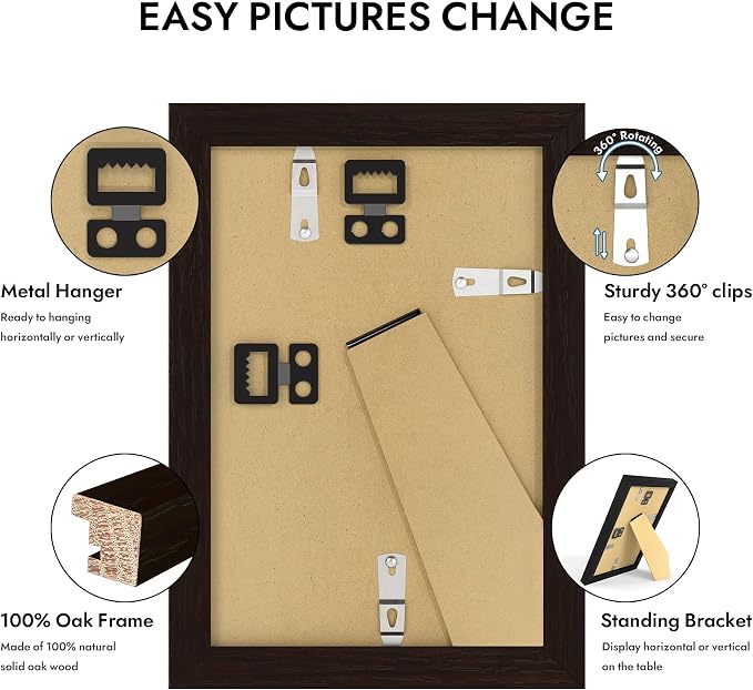 Hongkee 4x6 Oak Wood Picture Frame 1 Pack(Matted 3.5x5), Real Glass Cover | Black, 4 x 6 Solid Wood Frame for Wall or Tabletop Display - Includes Easel Back, Vertical Hang - Ideal for Home, Office