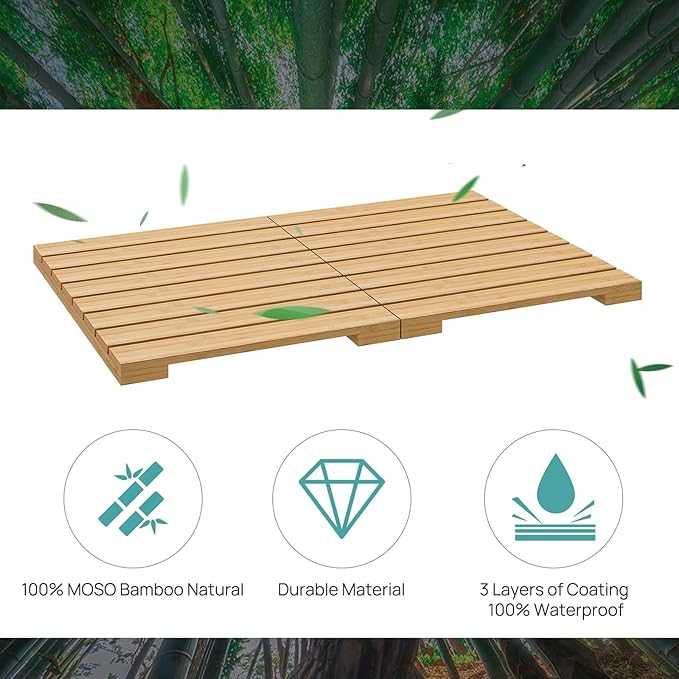 Waterproof Bamboo Bath Mat for Shower, Wooden Floor Mat for Bathroom, Foldable | Non-Slip | Heavy Duty, Shower Mat for Indoor Outdoor, 23.54in x 15.63in