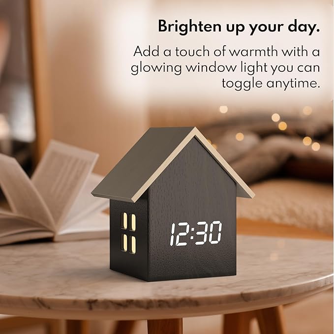 Driini Digital House Shaped Alarm Clock with Temperature Display (Dark Wood) – Modern Aesthetic with Cute Cube Frame and White LED Dimmer - Perfect Large Desk Clock for Bedside Table or Bedroom Mantle