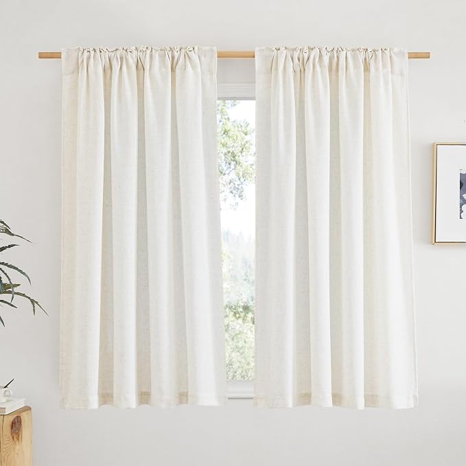 NICETOWN Natural Linen Kitchen Curtains 45 inches Long, Rod Pocket & Back Tab Semi Sheer Flax Linen Window Treatments Privacy with Light Filtering for Kids Room, W52 x L45, 2 Pieces