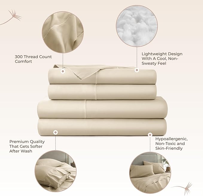 100% Organic Cotton Sheets Twin Size - GOTS Certified Organic Bed Sheets with Deep Pocket 300 Thread Count & Cozy Sateen Weave Gets Softer with Each Wash - Luxury 3 Piece Set (Dune, Twin)