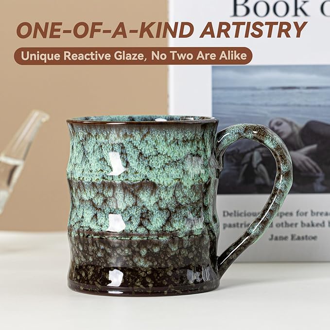 Unique Reactive Glaze Ceramic Coffee Mug - 15 oz Large Coffee Cup with Ergonomic Large Handle, Forest Green Ceramic Mug for Office & Home, Great Birthday Gift for Women, Men & Friends