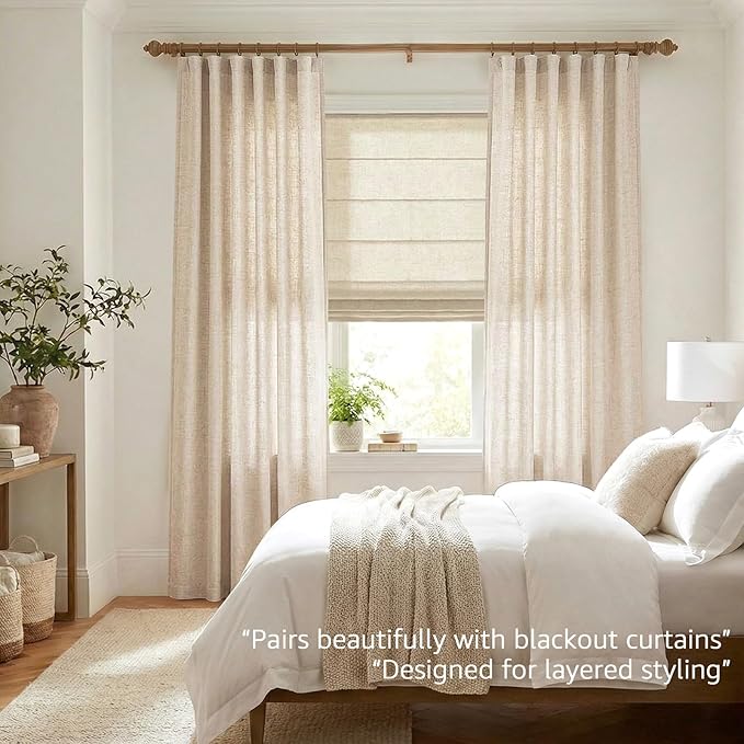 jinchan Beige Linen Blend Curtains 84 Inches Length 2 Panels for Bedroom Living Room, Light Filtering 50 Inches Wide Natural Farmhouse Drapes with Rod Pocket Back Tab (50W x 84L, Ecru)