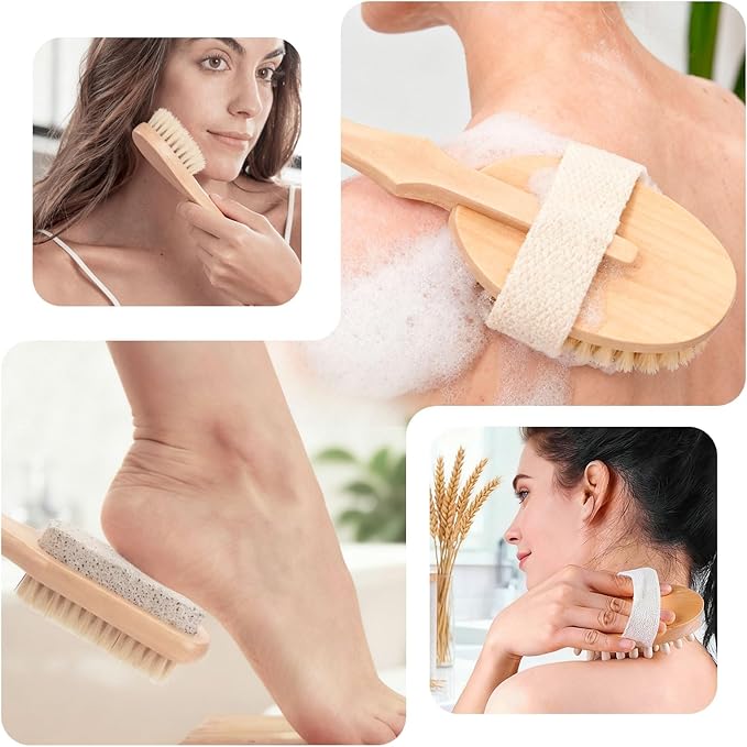 7 Packs Dry Brushing Body Brush Set for Lymphatic Drainage and Cellulite Massager, Long Handle Dry Brush for Body, Natural Boar Bristle Dry Body Brush Exfoliator