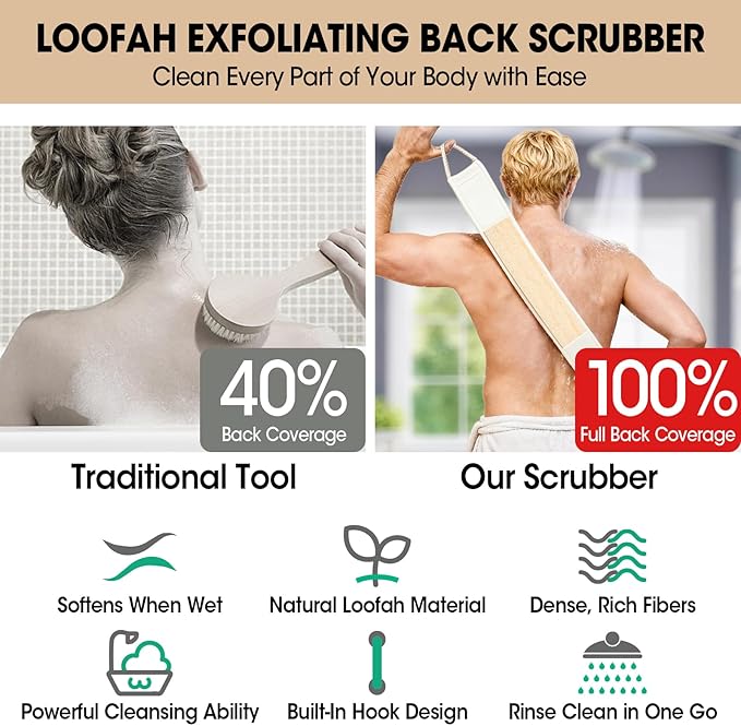 Loofah Back Scrubber with Handle, Natural Exfoliating Shower Sponge, Deep Clean Back Scrub for All Skin Types, Durable Bath Loofah for Daily Use