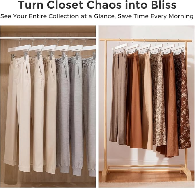 HOUSE DAY Premium Wooden Pants Skirts Hangers, Solid Wood Trousers Bottom Hanger with 2-Adjustable Clips, Clip Hangers for Slacks, Jeans, Shorts (White, Pack of 100)