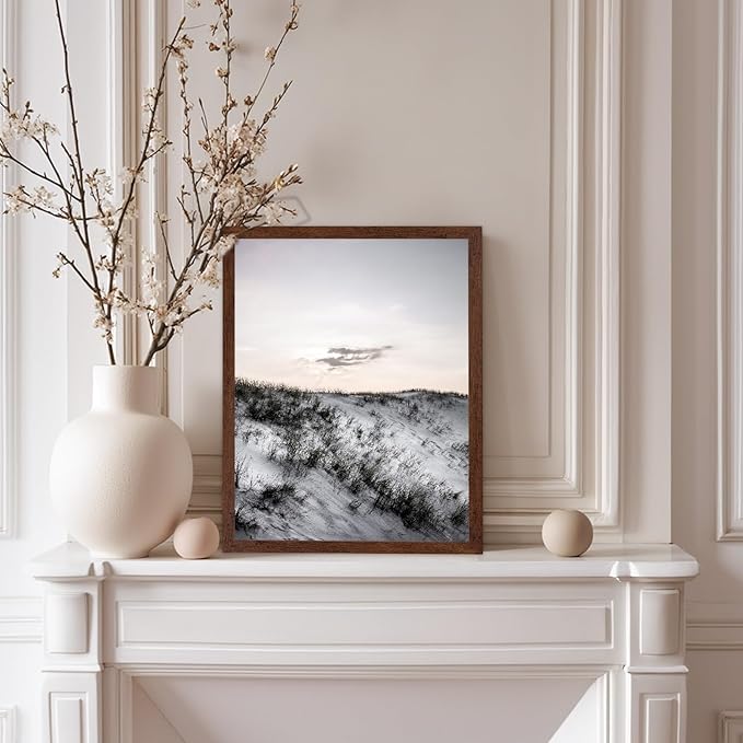 Monem Art Snowy Sand Dunes Landscape Print - Minimalist Winter Nature Poster - Wall Decor for Living Room, Bedroom or Office - 12x16 Brown Framed Wall Art by Mareike Bohmer