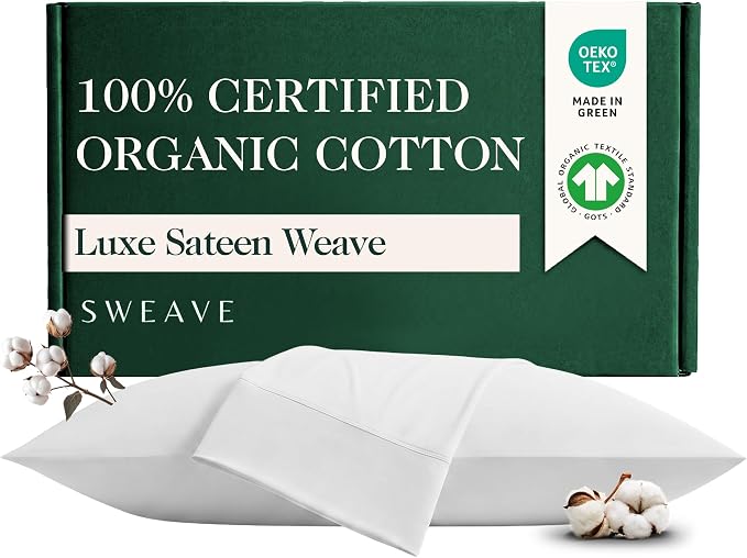 100% Certified Organic Sateen Weave Cotton 2 PC Pillow Covers Queen, White | GOTS Certified 415 Thread Count Hemstitched Pillow Cases, Skin-Friendly, Silky Soft Sateen Weave