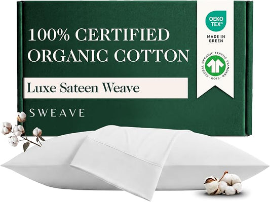 100% Certified Organic Sateen Weave Cotton 2 PC Pillow Covers Queen, White | GOTS Certified 415 Thread Count Hemstitched Pillow Cases, Skin-Friendly, Silky Soft Sateen Weave