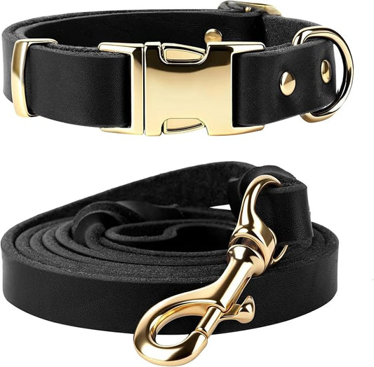 Leather Dog Collar and Leash Set, 6FT Heavy Duty Leather Training Leash with Adjustable Dog Collar, Soft and Durable Dogs Leashes and Collars Set for Small Medium Large Dogs (Black, L)
