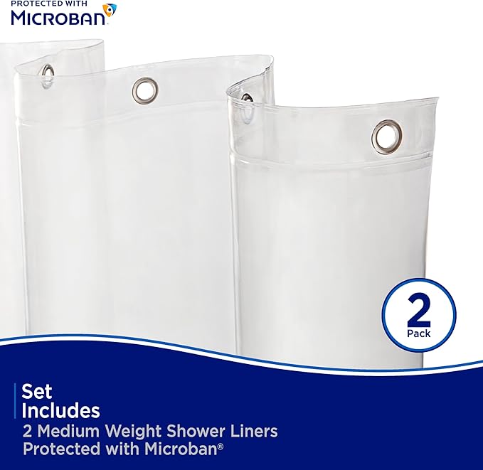 Kenney MB61160PK2 Microban Protected Medium Weight 4.8G Waterproof PEVA Shower Curtain Liner with Rust-Resistant Metal Grommets and Weighted Magnetic Hem for Bathroom, 70" W x 72" H, Clear, 2-Pack