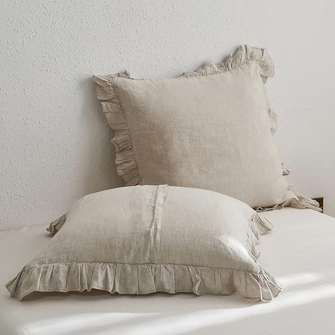 100% French Linen Euro Shams with Ruffles - Set of 2 - Washed Solid Color Natural Flax Soft Breathable Pillow Covers - Linen, 26'' x 26''