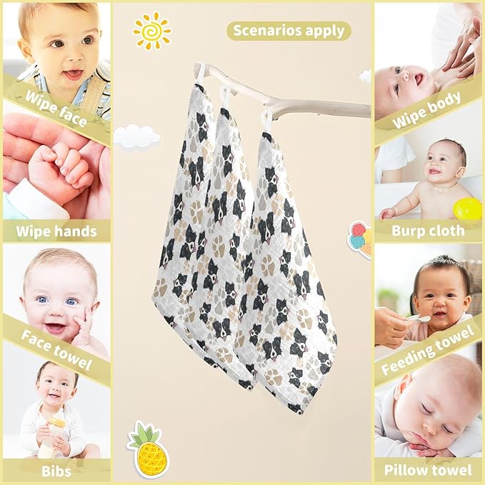 Baby Border Collie Dog Msulin Washcloths Newborn Face Towel - Baby Muslin Burp Cloths 5 Pack Soft Absorbent Natural Cotton Wash Towel 11.8"X11.8" Baby Bath Towels Wipes