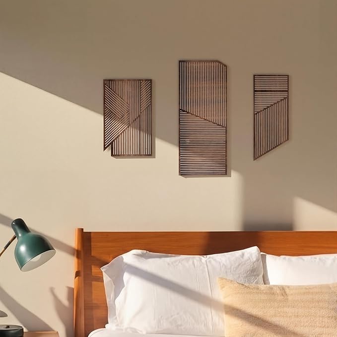 Yerliker 3 Pcs Mid Century Modern Wood Wall Art Decorations 3D Geometric Abstract Wall Sculpture for Living Room Bedroom Office Minimalist Aesthetic(Medieval,15.75 x 15.75 x 1.97 Inch)