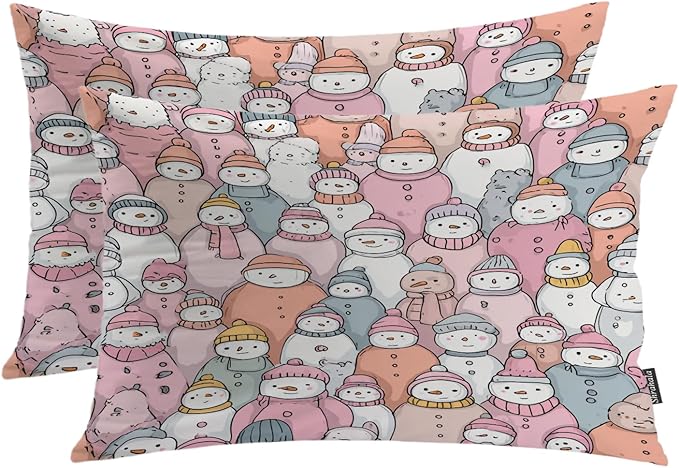 Shrahala Cute Snowmen Winter Accessories Pillowcases, Doodle Pastel Snowmen Lumbar Pillow Cover Decorative Blended Double-Sided No Inserts for Bedroom Sofa Living Room Set of 2 (26 x 20 in)