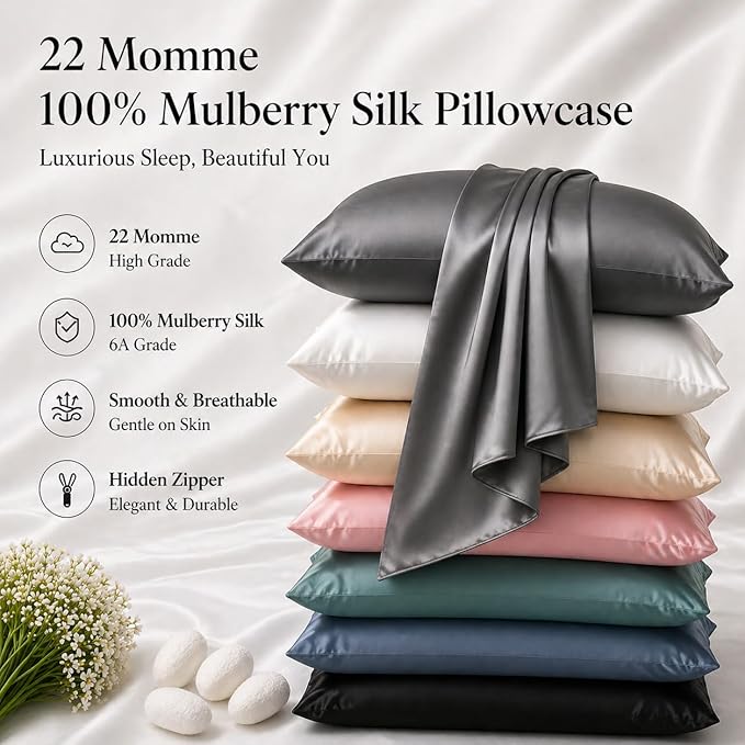 100% Mulberry Silk Pillowcase for Sleeping Women, 22 Momme Silk Pillow Cases for Hair and Face, Zipper Closure, Hypoallergenic Pillow Cases USA Made, 1 Pcs 20"x30" (Queen, Slate Grey)