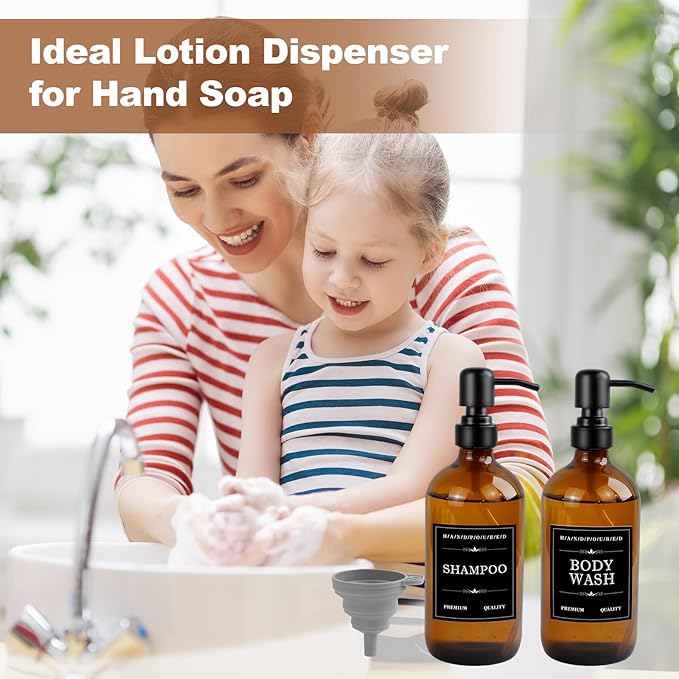 Amber Glass Soap Dispenser, Sturdy Hand Soap Containers with Waterproof Labels and a Foldable Funnel, Refillable Dish Soap Bottles Set for Bathroom Kitchen Hotel