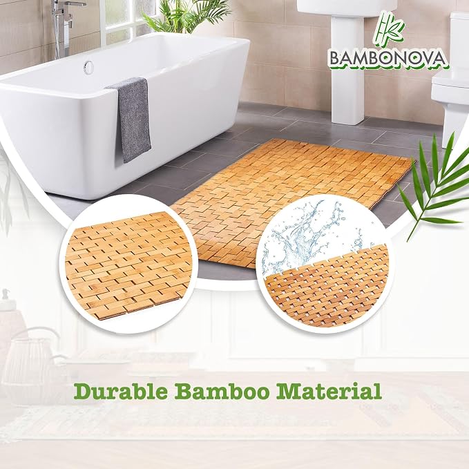 Bamboo Bath Mat 24 x 16 Inches and Wooden Soap Dish Set Bathroom Rugs Bathtub Mat Non Slip Bath Mats for Bathroom, Kitchen Sauna Spa Hot Tub Outdoor Decor