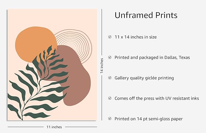 Y2K BOO Boho Monstera Leaf UNFRAMED Wall Art Abstract Sun Earth Tones Terracotta Mid Century Modern 11x14 Inch Heavyweight Paper Minimalist Botanical Studio Decor