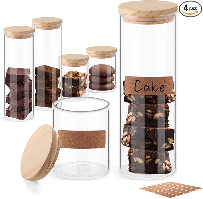 ULAB 3.5mm Thick Glass Food Container Set with Lid, 14.9 OZ &36.5 OZ Clear Storage Jar, 2 PCS of Each Size, Glass Airtight Canisters set for Cookie, Candy, Coffee Beans, USJ1003