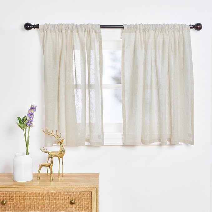 Solino Home 100% Pure Linen Sheer Curtain 36 Inches - European Flax Light Natural Curtain 52 x 36 Inch - Light Filtering Window Treatment Panel for Kitchen, Cafe, Bedroom, Living Room - 1 Panel