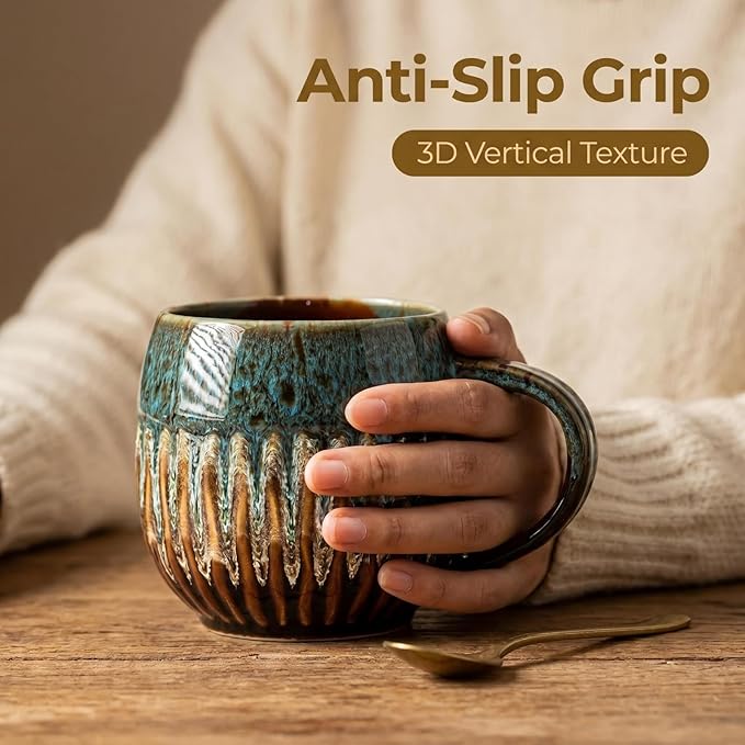 13oz Large Coffee Mug - Unique Handcrafted Look Ceramic Cup, Large Tea Mug, Microwave & Dishwasher Safe (blue,Set of 4)