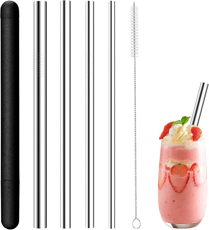 4-Pack Stainless Steel Straw Set - 215mm (8.5") Length, 6/8/10/12mm (0.24"/0.31"/0.39"/0.5") Diameters - Fits Coffee, Smoothies & All Cup Sizes - Reusable & Dishwasher Safe(Black)
