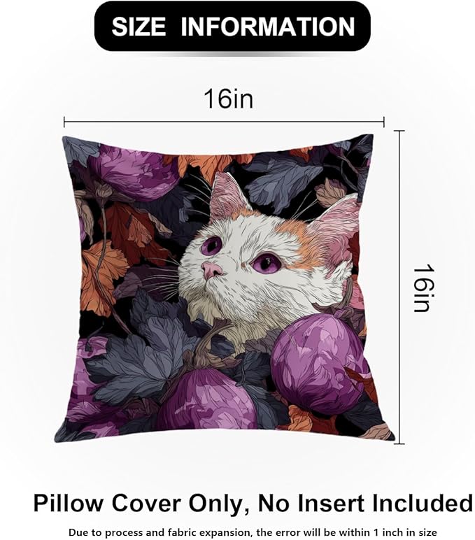 Shrahala Cute Cat Decorative Throw Pillow Cover, Among Purple Fruits Square Pillowcase Blended Double-Sided No Inserts for Bedroom Living Room Set of 2 (16 X 16 in)