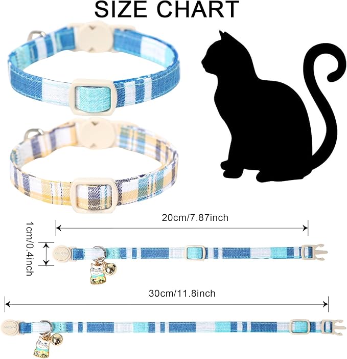 DOGWONG Cat Collar, 2 Blue Plaid Pack, Breakaway with Bell, Safety Buckle, Adjustable 7-12 Inch, Perfect Fit for Cats & Small Dogs