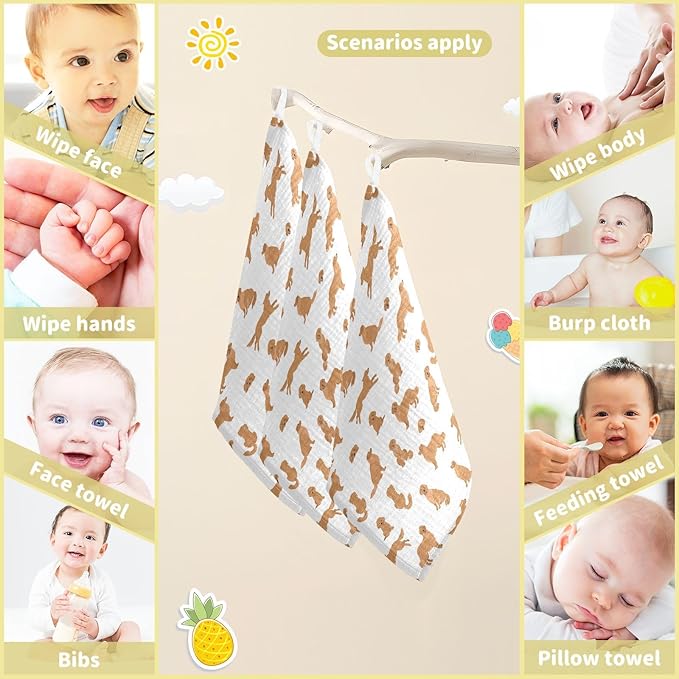 Baby Golden Retriever Dogs Muslin Washcloths 3 Pack - Muslin Burp Cloths Hanky Large 11.8"X11.8" Extra Soft Absorbent Baby Burp Rags for Newborn 100% Cotton for Boys Girls Gift