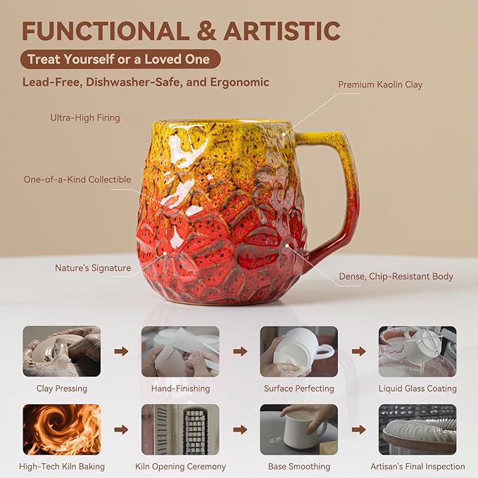 18oz Unique Yellow & Red Kiln-Change Ceramic Coffee Mug, Handcrafted Hammered Texture Ceramic Mug with Ergonomic Handle, Microwave & Dishwasher Safe, Gift for Coffee Lovers, Home Office Daily Use