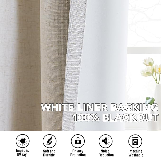 H.VERSAILTEX Linen Curtains 100% Blackout Curtains for Bedroom 90 inch Long Full Light Blocking Nature Linen Blended Window Curtains for Living Room Nickel Grommet (2 Panels, Heathered Natural)