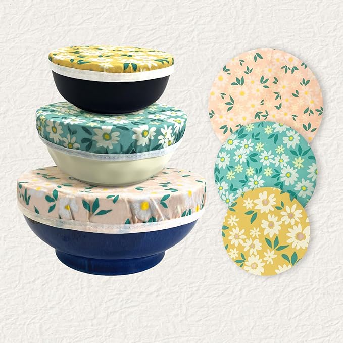 Reusable Beeswax Bowl Covers - 3 Pack Eco Friendly Food Wraps for Kitchen Storage - Sustainable Plastic Wrap Alternative for Salad Bowls & Fruits - Washable Zero Waste Food Lids (floral print)