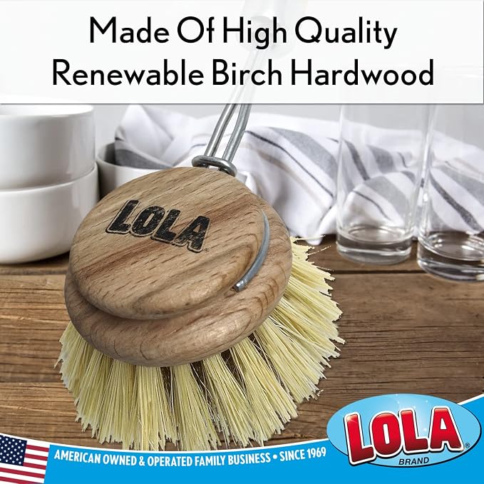 LOLA Replacement Heads for The Original Pot & Pan Brush, 3 Pack, Brass Wire & Tampico Bristles, Birch Hardwood, Heavy Duty Cleaning